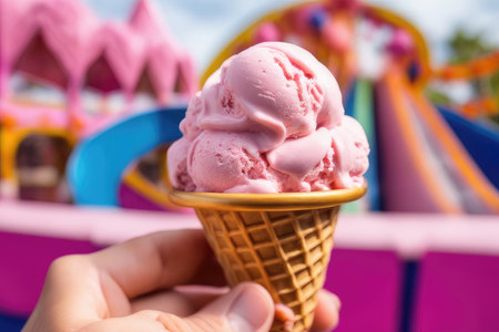 Ice cream in a waffle cone in female hand on the background of an amusement parkの素材