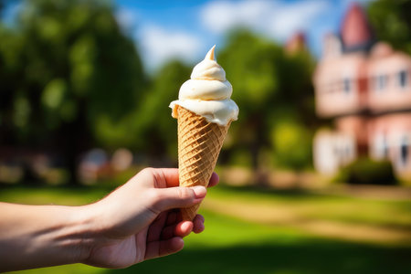 Ice cream cone in female hand on the background of the house.の素材