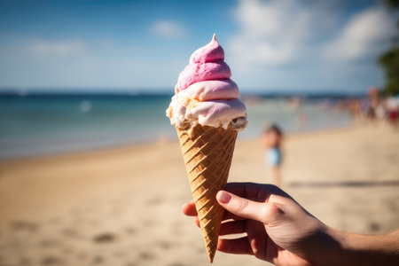 Ice cream cone in female hand on the beach. Selective focus.の素材