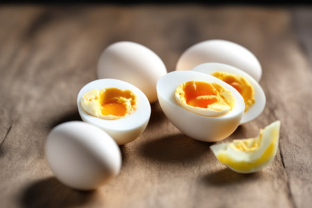 Boiled eggs on wooden background. Close up. Selective focus.の素材