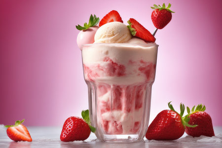 Strawberry and vanilla ice cream in a glass on pink backgroundの素材