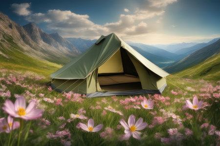 Camping in the meadow with flowers and tent. 3d renderの素材