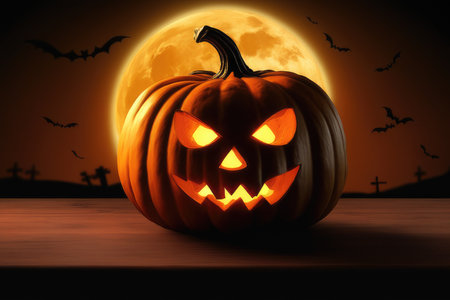 Halloween pumpkin on wooden table with full moon background, 3d renderの素材
