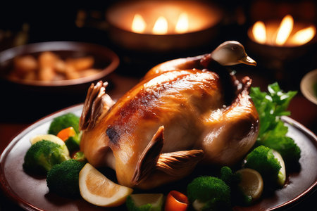 Roasted turkey with vegetables on a dark background. Selective focus.の素材