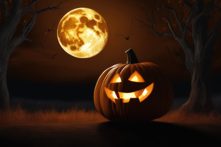 Halloween pumpkin with full moon in dark forest - 3D renderの素材