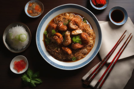 Noodles with chicken and vegetables in a bowl on wooden tableの素材
