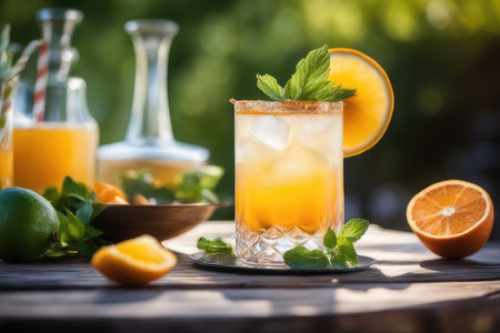 Refreshing summer cocktail with orange, mint and ice on wooden tableの素材