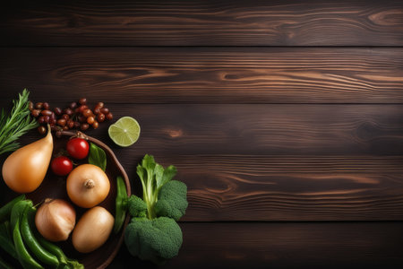 Fresh vegetables on a wooden background. Top view with copy space.の素材