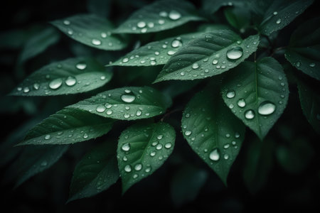 Green leaves with drops of water after the rain. Nature background.の素材