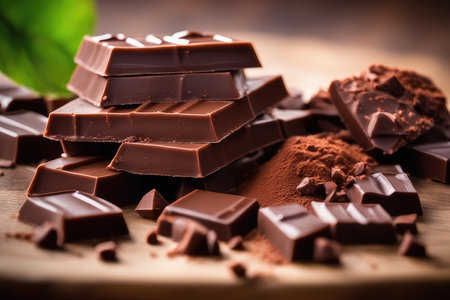 Chocolate pieces and cocoa powder on a wooden background. Selective focus. Toned.の素材
