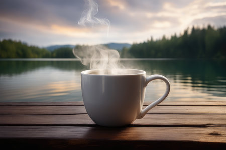 Coffee cup on wooden table in front of beautiful mountain lake.の素材