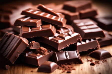 close up of chocolate pieces and cocoa powder on wooden table, selective focusの素材