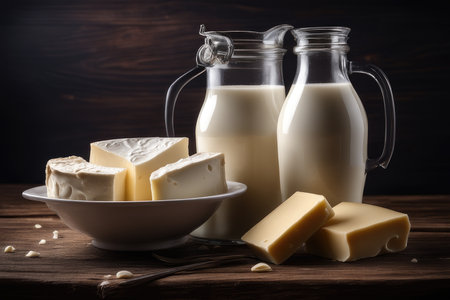 Milk products on a wooden background. Dairy products. Selective focus.の素材