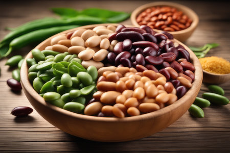 Assorted beans in wooden bowl on wooden background. Selective focus.の素材
