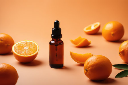 bottle of orange essential oil and oranges on orange background, skin care conceptの素材