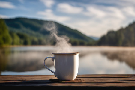 Cup of hot drink on wooden table with mountain lake in backgroundの素材