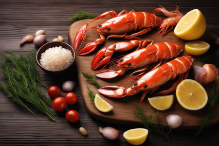 Raw shrimps with ingredients for cooking on a wooden background.の素材