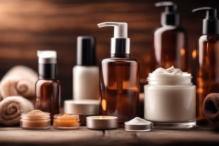 Spa still life with cosmetic products on wooden background. Beauty treatment concept.の素材