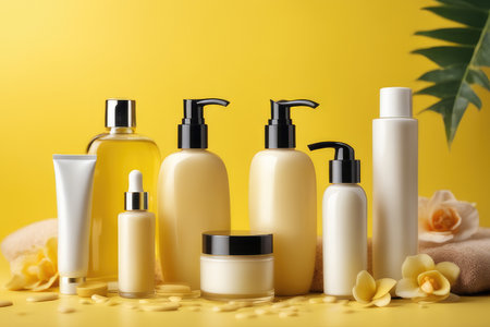 Cosmetic bottle containers on yellow background. Beauty and skin care concept.の素材