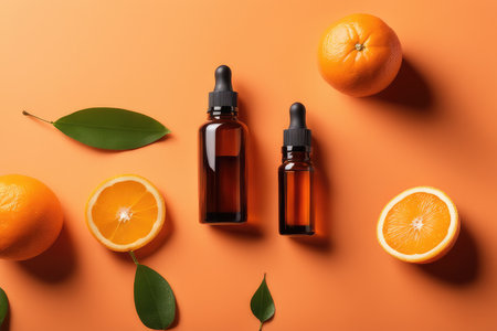 Bottles of orange essential oil and fruits on color background, top viewの素材