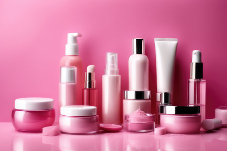 Cosmetics and skin care products on pink background. 3d renderingの素材