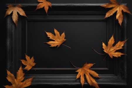 Black frame with autumn leaves on black background, top view. Space for textの素材
