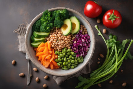 Vegetable salad with chickpeas, carrots, avocado and peas in bowl on wooden backgroundの素材