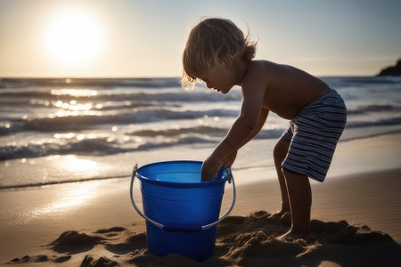 Cute little boy playing with a bucket on the beach at sunsetの素材