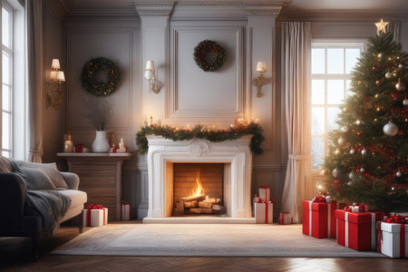 Christmas living room interior with fireplace and christmas tree. 3d renderの素材