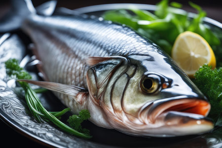Fresh fish with lemon and greens on a black plate, closeupの素材
