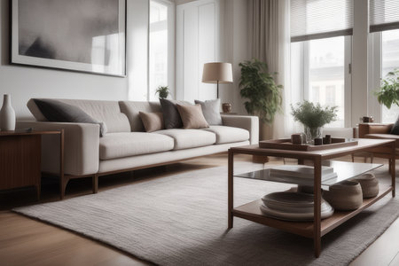 Living room interior with sofa, coffee table and plants. 3d renderの素材