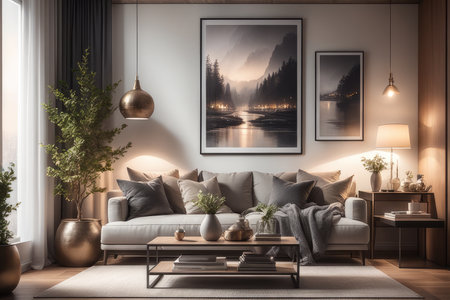 Modern living room interior design. 3d render illustration mock up.の素材