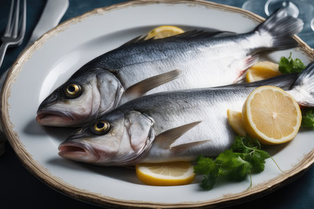 Fresh raw sea bass fish with lemon and parsley on a plateの素材