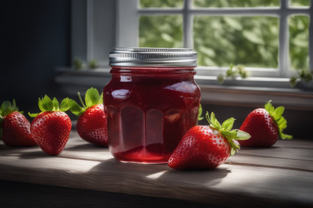 Strawberry jam in a glass jar on a wooden board.の素材