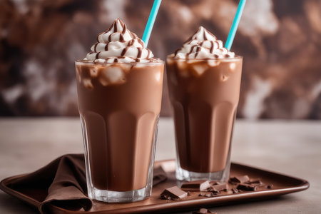 Two glasses of chocolate milkshake with whipped cream and marshmallowsの素材