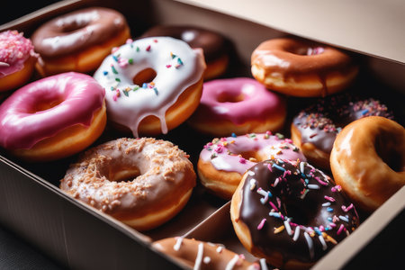 Box of assorted donuts, close-up, selective focus.の素材