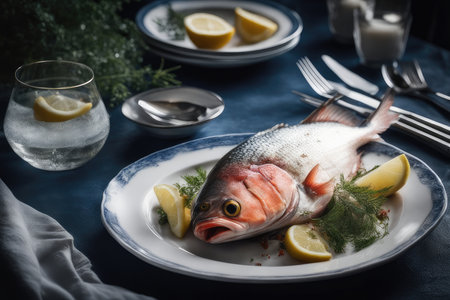 Fresh fish with lemon and dill served on a white plate.の素材
