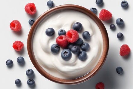 Bowl of yogurt with fresh berries on white background, top viewの素材