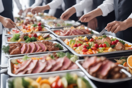catering buffet food indoor in luxury restaurant with meat and vegetablesの素材