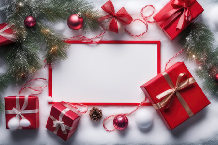 Christmas greeting card mockup with red gift boxes and fir tree branches on snow backgroundの素材