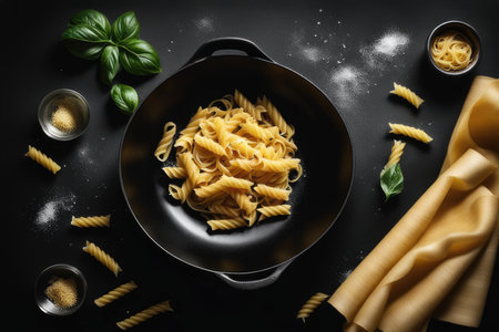 Composition with tasty pasta and spices on black background, top viewの素材