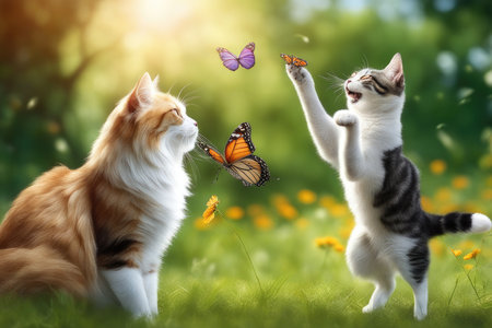 Two cats playing with butterflies in the grass. Cute pets.の素材