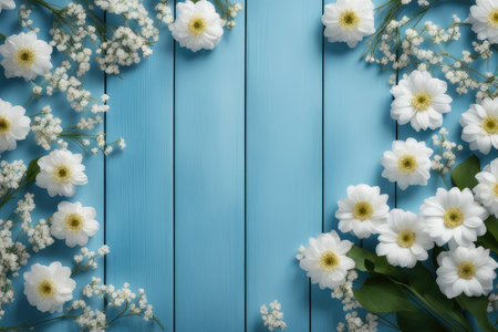 White flowers on blue wooden background. Top view with copy space.の素材