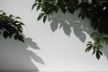 Leaves on a white wall in a room with shadow from a treeの素材