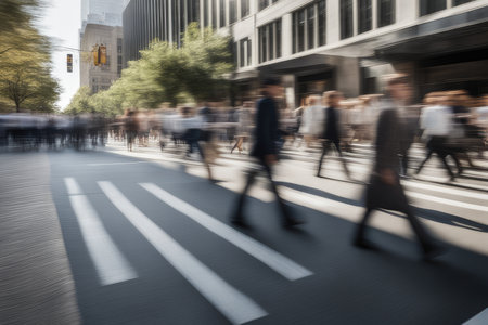 Busy city street with people on zebra crossing, motion blurの素材