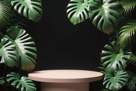 Podium with monstera leaves and black background. 3d renderingの素材