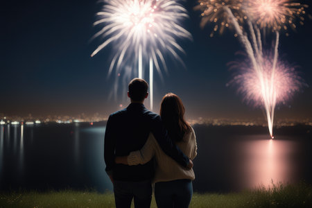 Couple looking at fireworks in the night sky. Love concept.の素材
