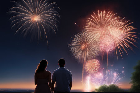 Couple watching fireworks in the night sky. Valentine's day conceptの素材