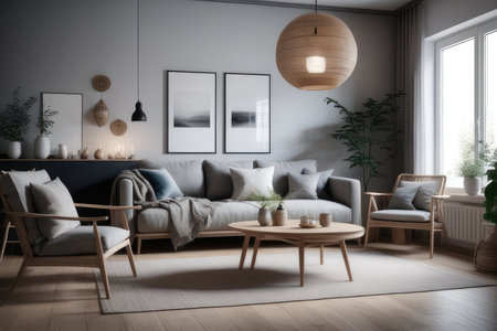 Modern living room interior design. 3d render illustration mock up.の素材