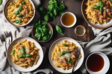 Tasty pasta with chicken and basil on wooden table, top viewの素材